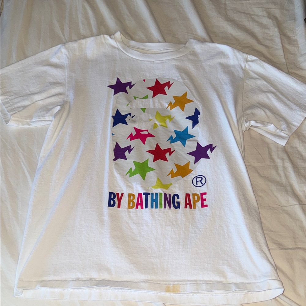 Bape White Short Sleeve Tee with Multicolor Star Graphic